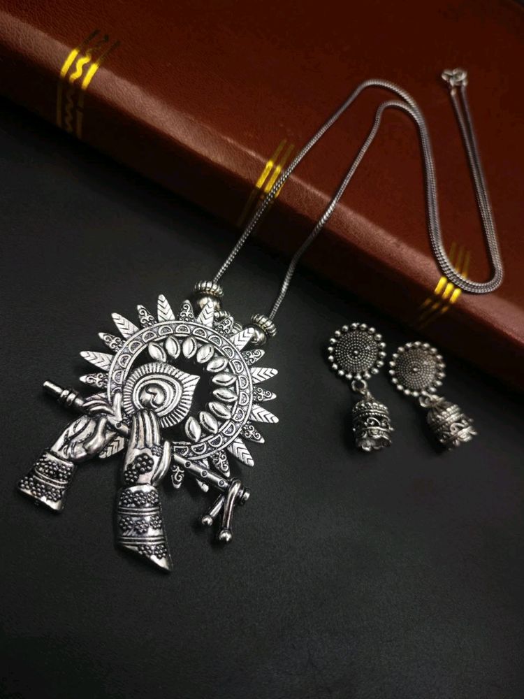 Lord krishna Flute Oxidised Necklace With Jhumki.