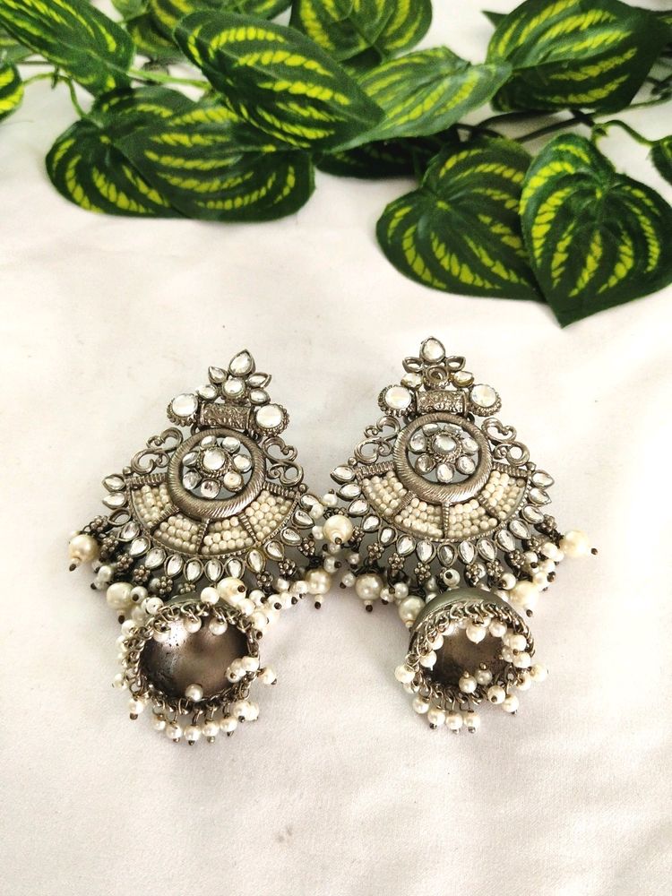 Silver Heavy Beaded And Stone Earrings ( Women)