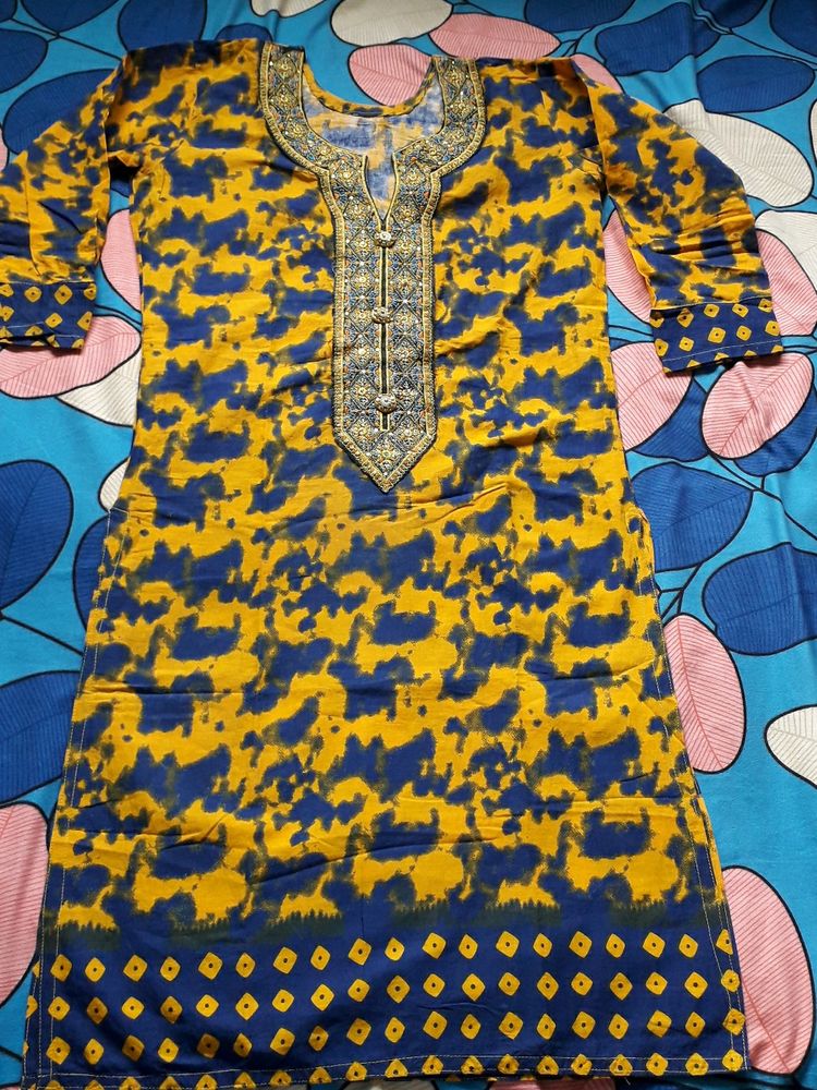 Yellow And Blue Colour Cotton Kurta