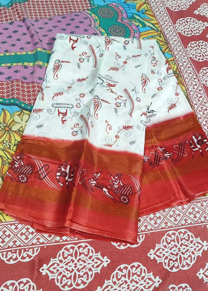 Beautiful White And Red Art silk Saree