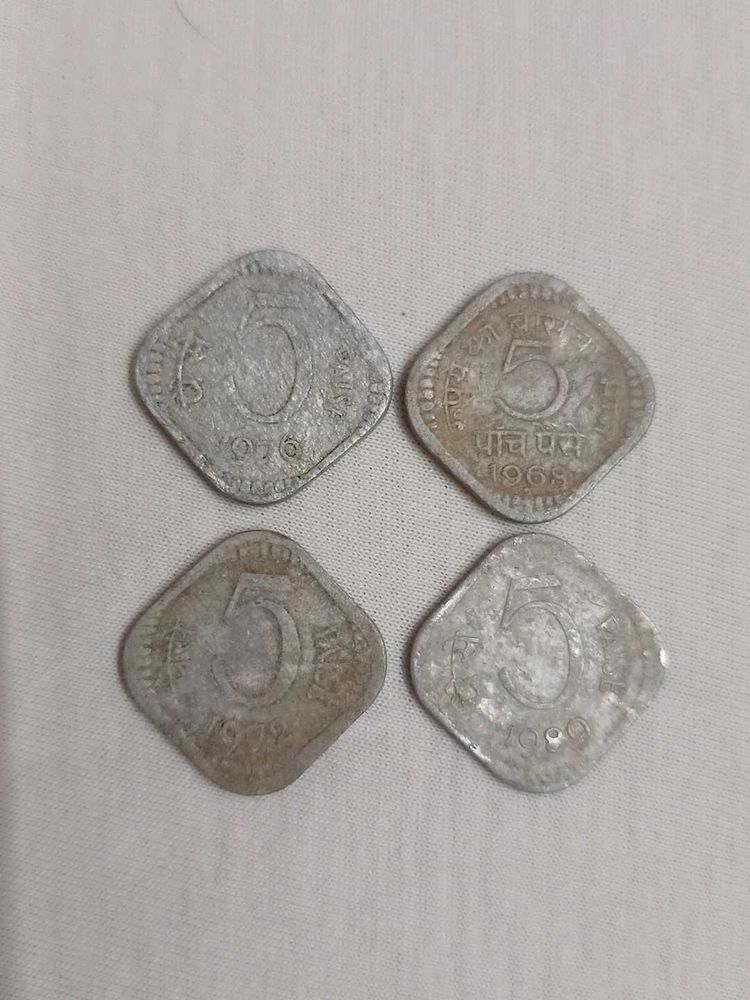 Four Old Currency Five Paise Coins