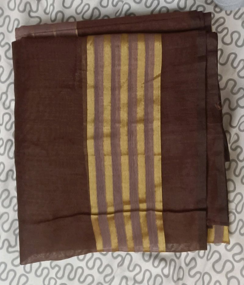 Elegant Brown Saree with Golden Striped Borders