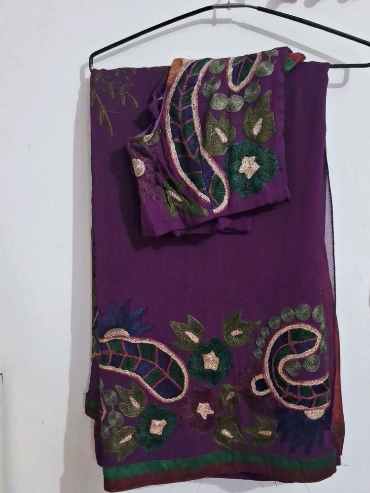 Purple Tread Work Saree With Blouse