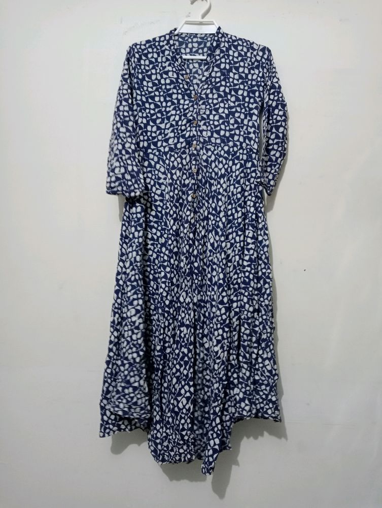 Women Front Button Blue Print Dress