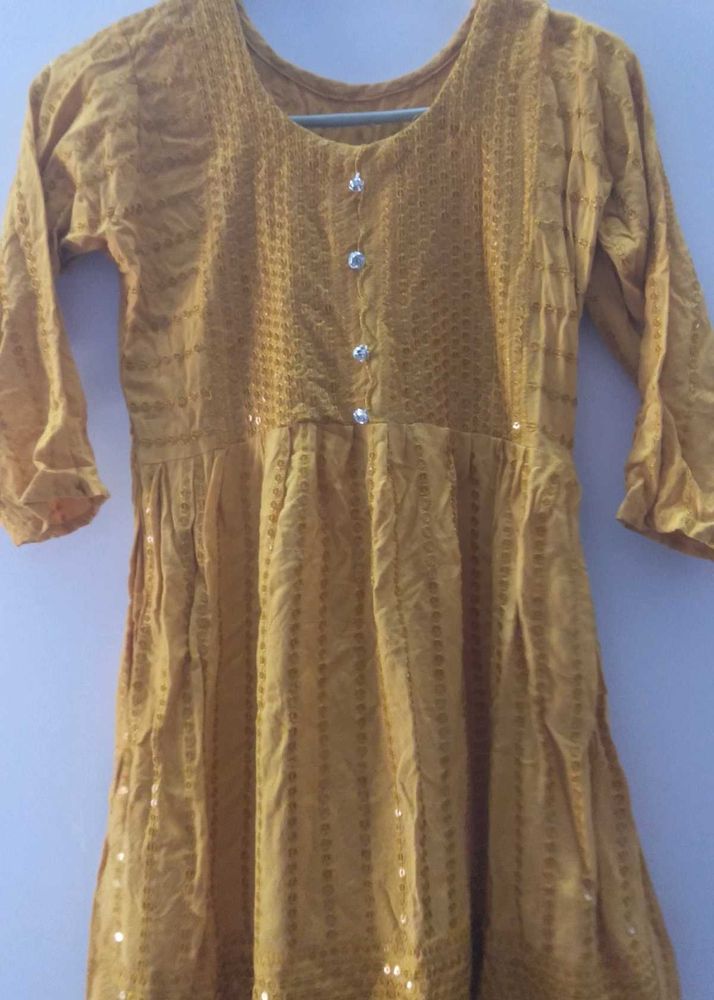 Yellow Short Anarkali Kurti With Printed