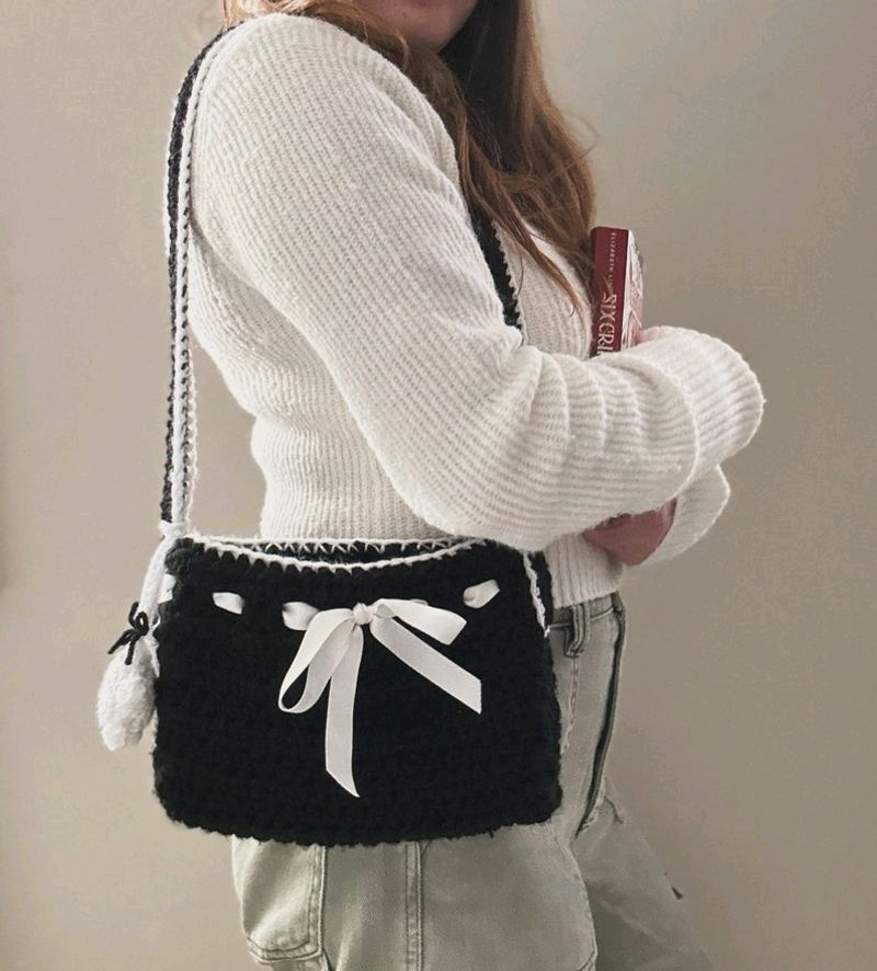 Crochet White Ribbon Black Sling Bag