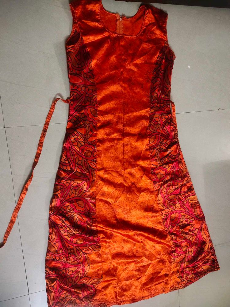 Orange Satin Gown For Women With Light Floral