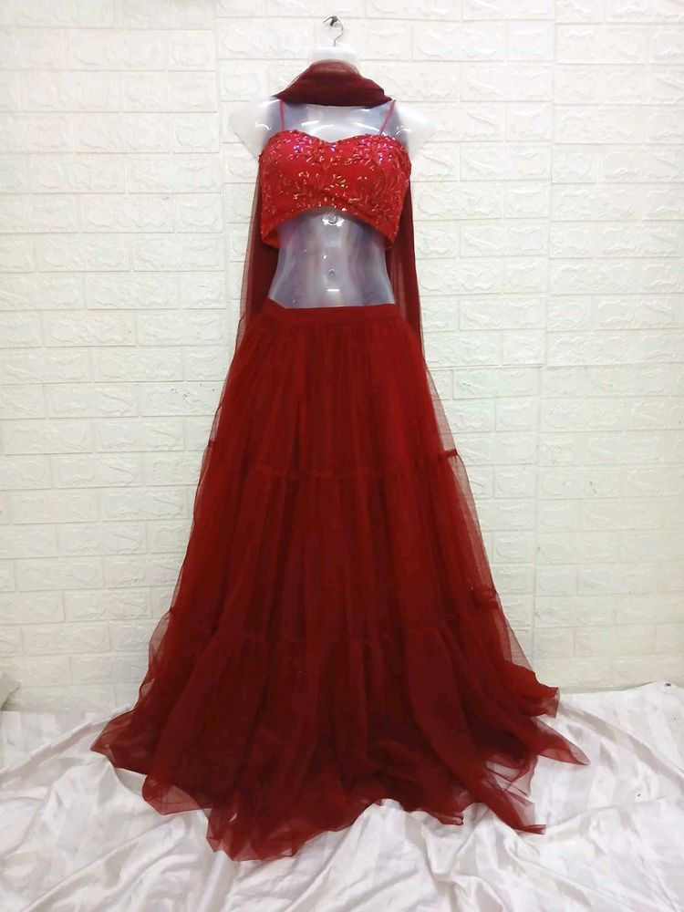 Threadwork Red Sleevesless Lehenga Choli