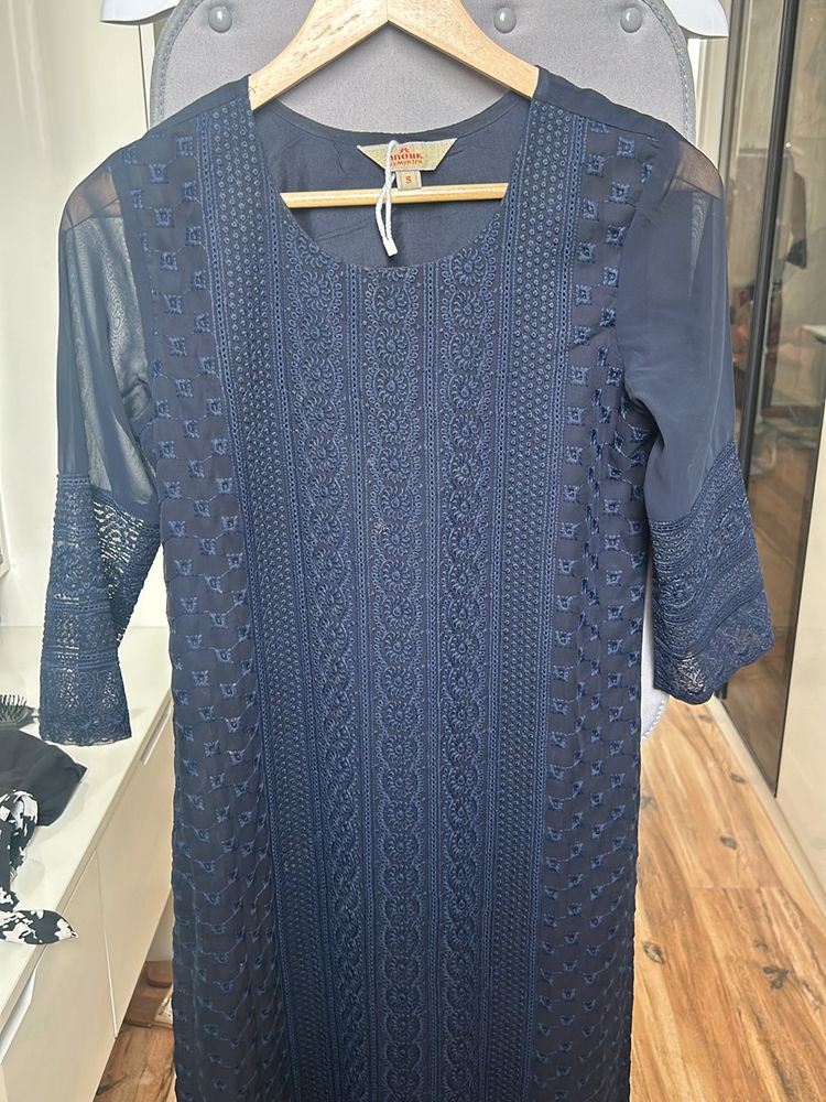 Anouk Navy Blue Kurta With Chikankari Print