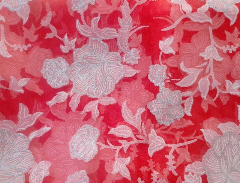 Tomamto Red Organza FABRIC Sparkle Flower Pattern