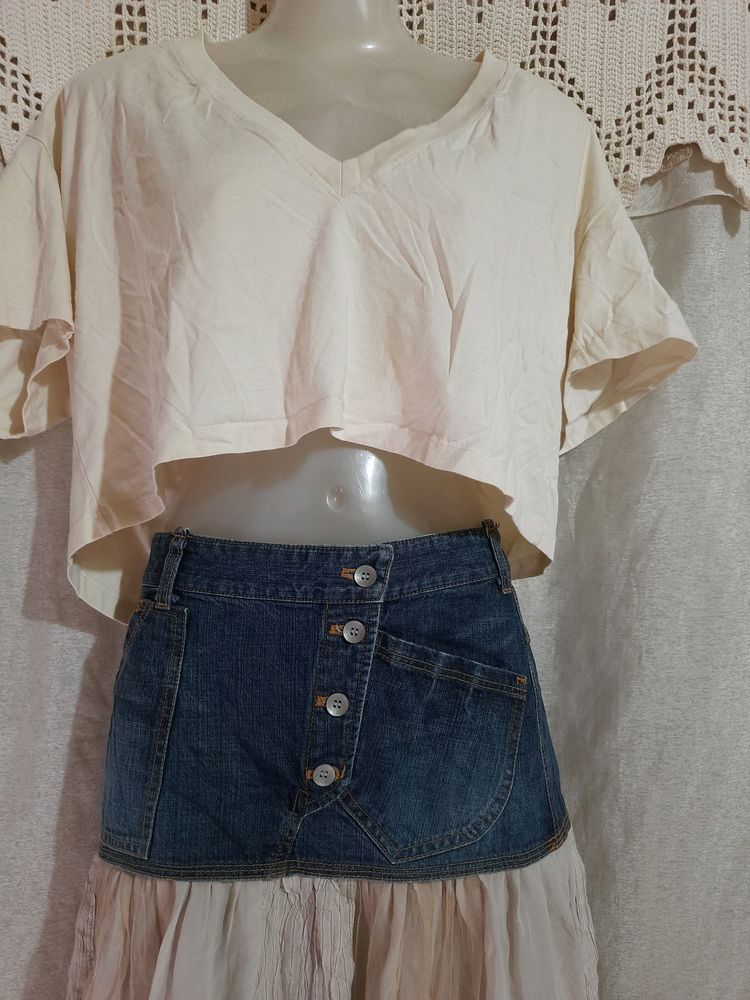 Set Of Zara Top & Flared Jean Skirt