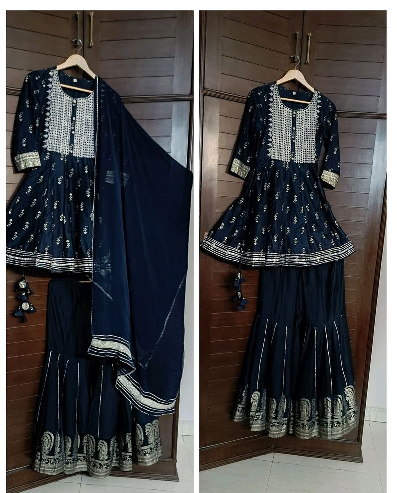 Festive Women Blue Thread Embroidery Printed Suit