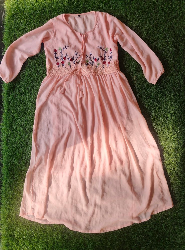 Long Sleeve Floral Embroidered Fit And Flare Dress