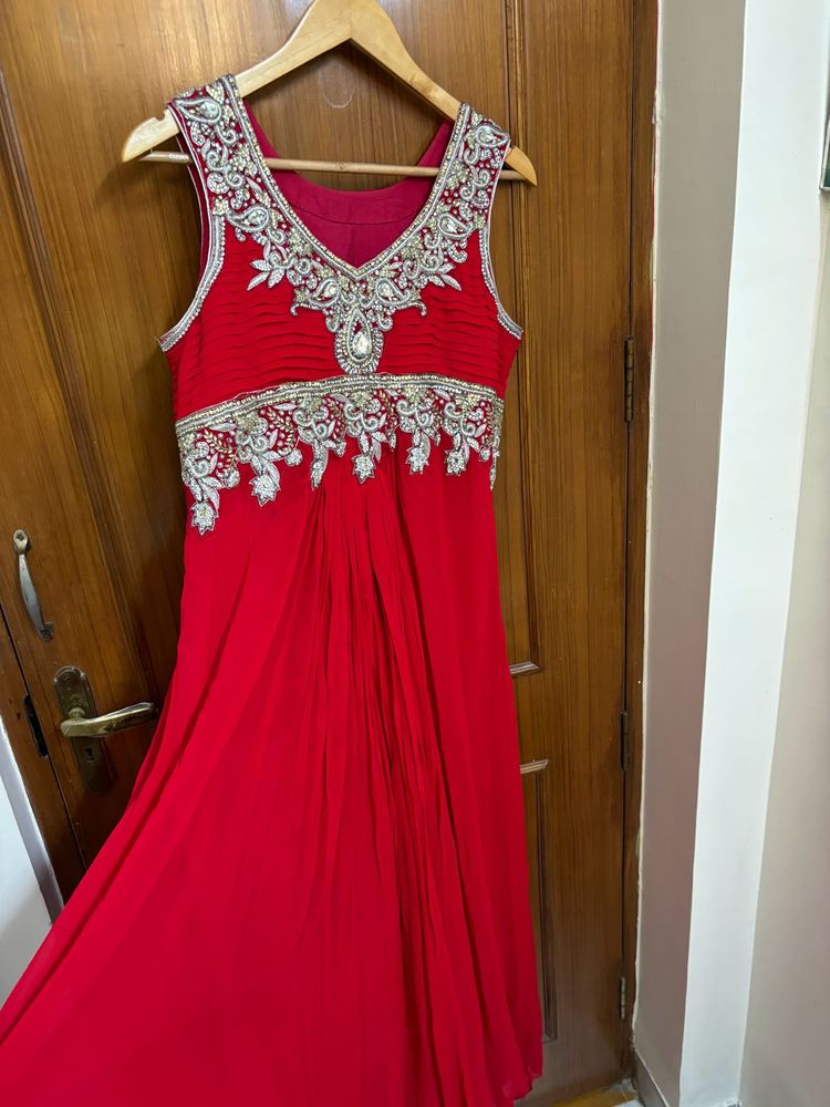 Red Long Flared Gown With Heavy Embroidery