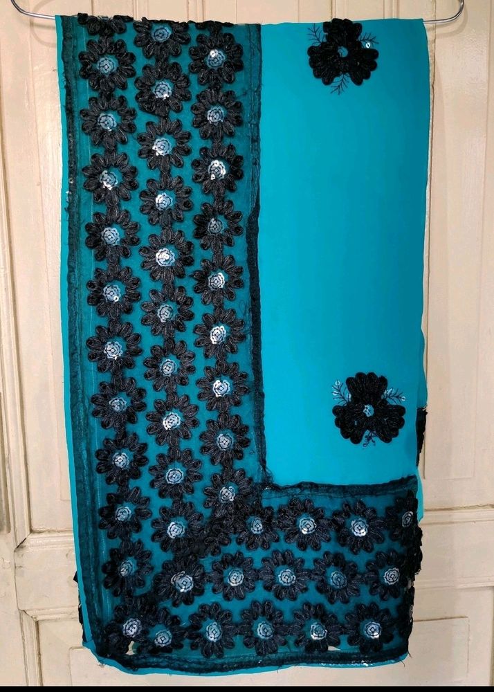 Embroidered Teal Blue Saree With HD Border