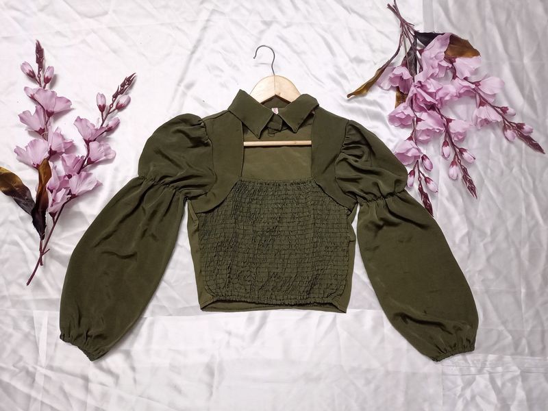 Sap Green Crop Top with collar