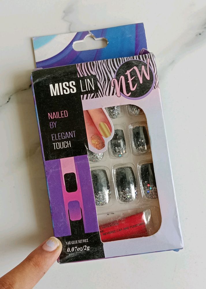 New Miss Lin Black Matte Press On Nails With Glue