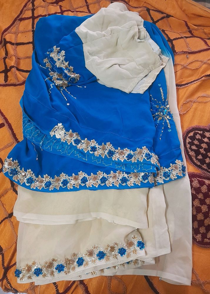 Sky Blue And Cream Color Saree With Blouse