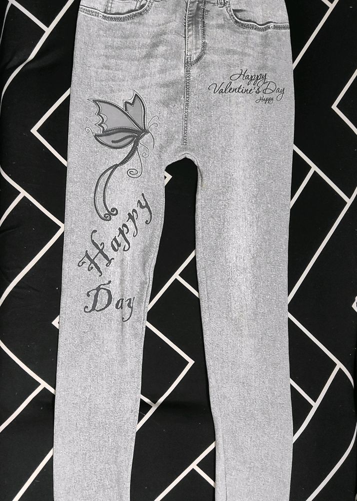 Grey Denim Butterfly Print Jeggings (Waist 24")