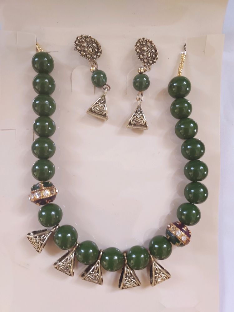 Green Beads Oxidised Choker Necklace Set