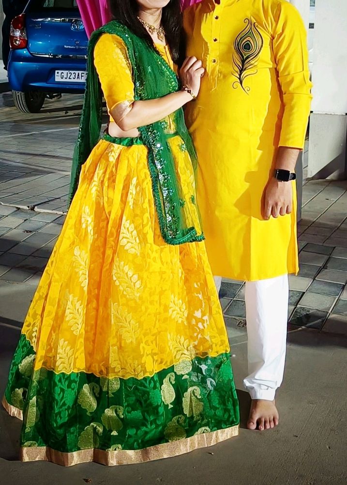 Combo Yellow& Green Net Chaniya Choli With Kurta