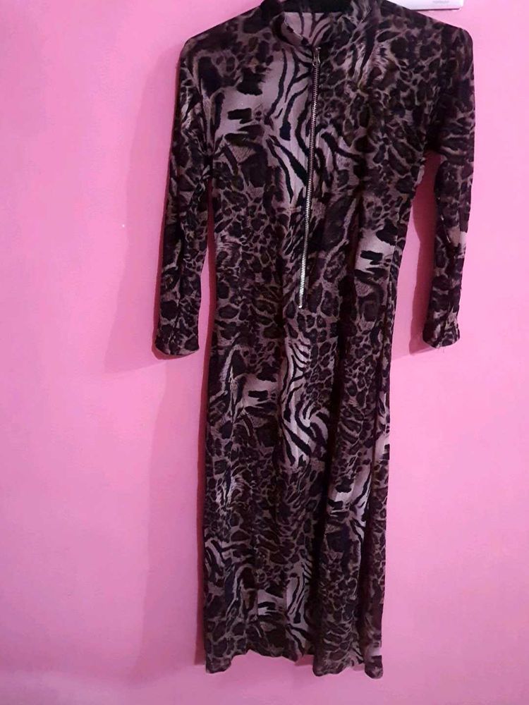 Leopard Print Stylish Kurti With Zip In Front