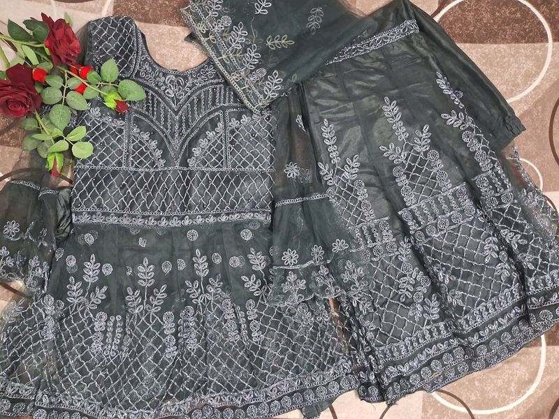 Pakistani Shimmery Peplum Top Sharara Dupatta Set