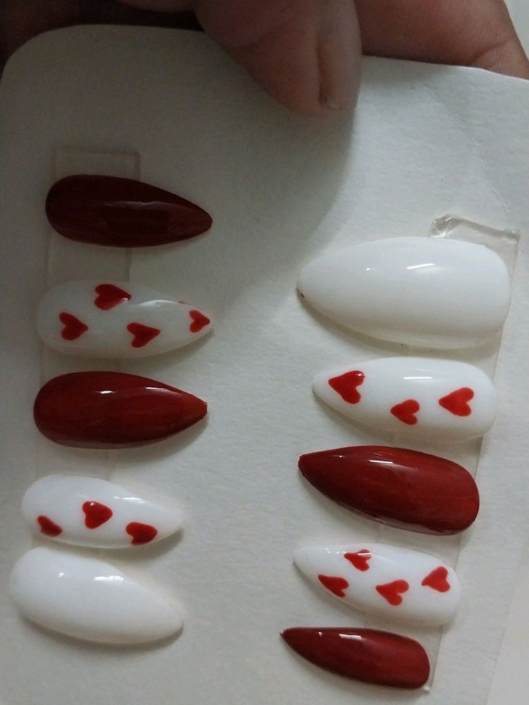 RED And WHITE Presson Nails With Heart