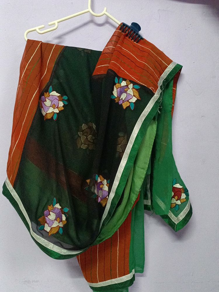 Tricolor Embroidery Work Saree