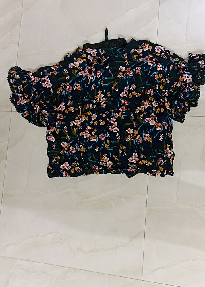 Navy Floral Print Top For Girls