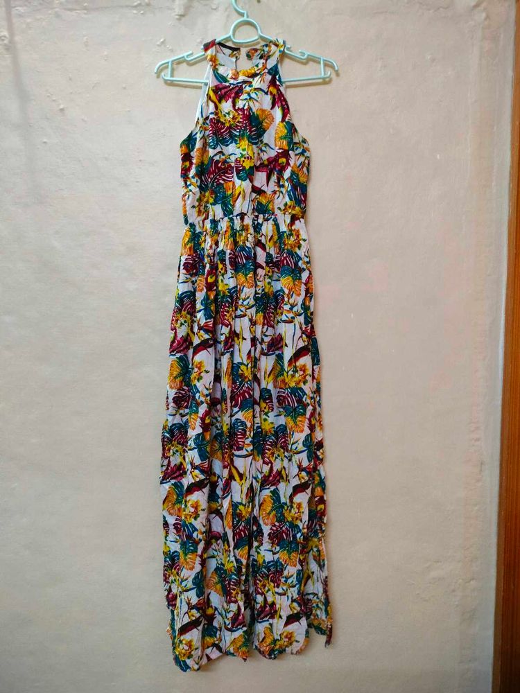 Floral Print Halter Neck Side Cut Long Dress