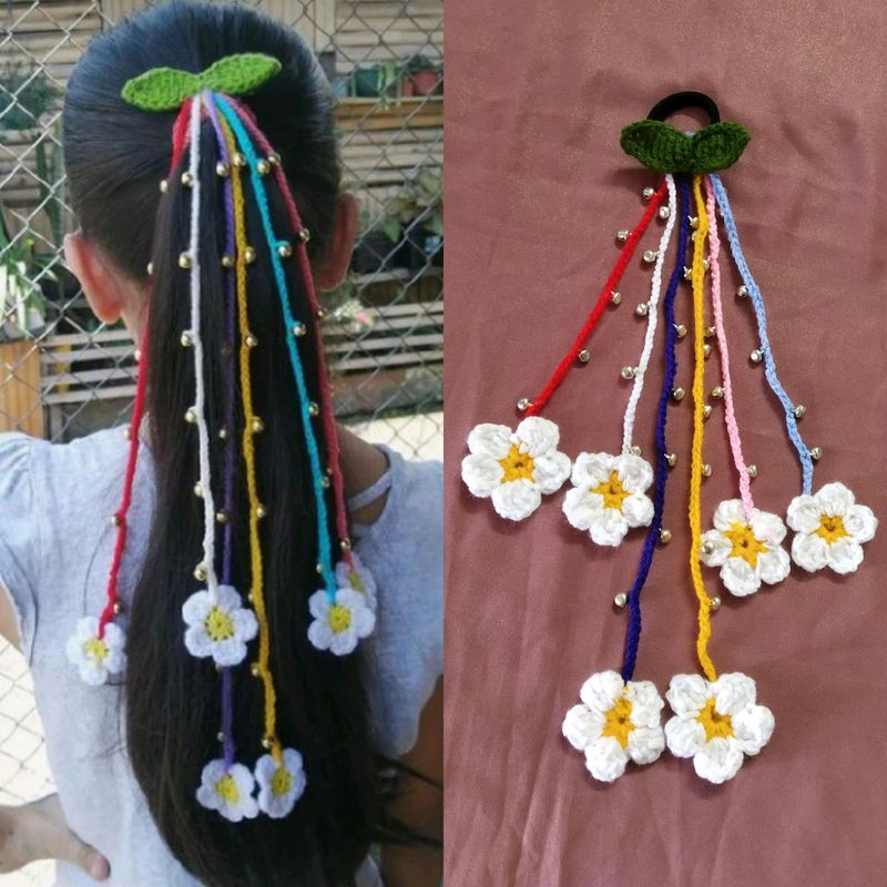 Crochet Hair Rubber Band With 6 Flowers