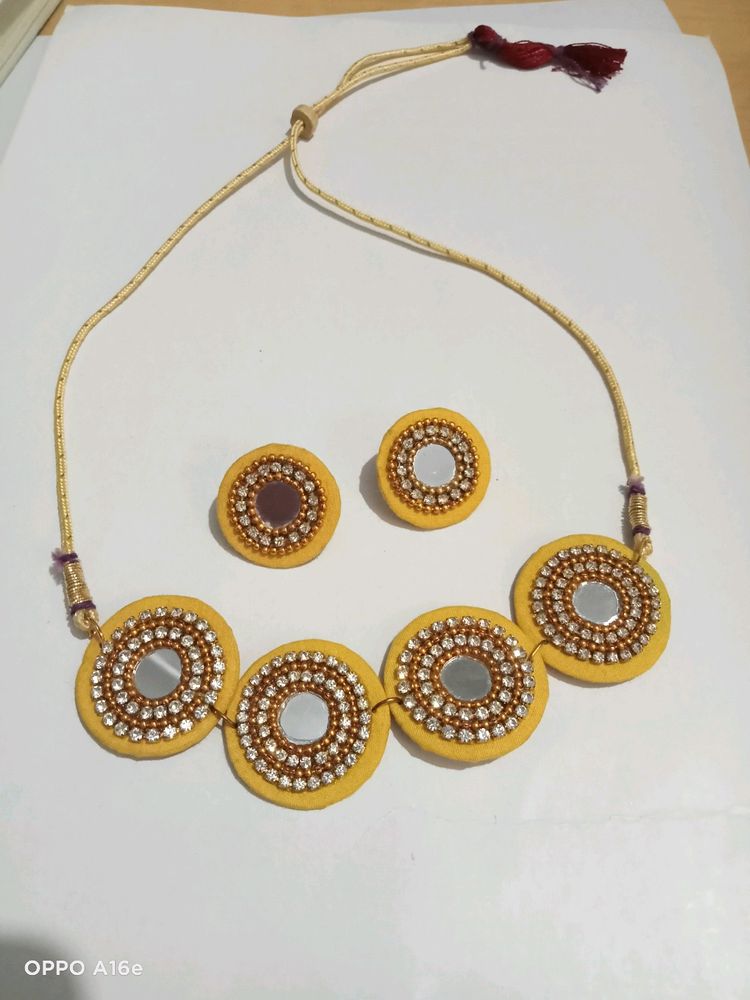 Yellow Fabric Mirror Choker Necklace With Earrings