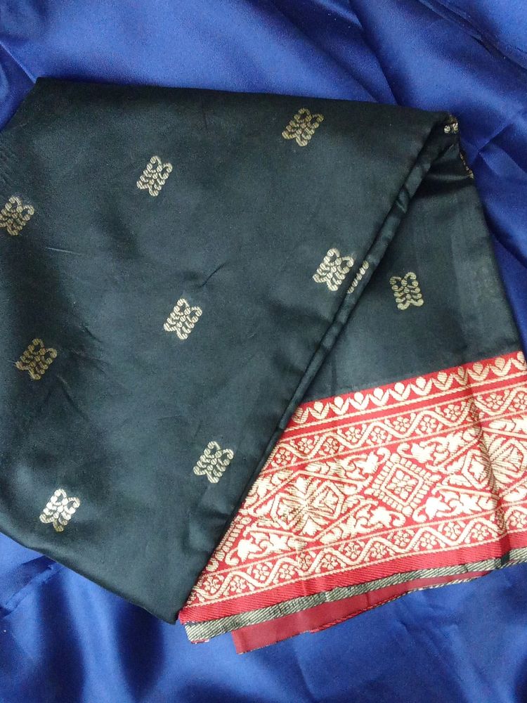 Black Sari With Red And Golden Embroidery Border