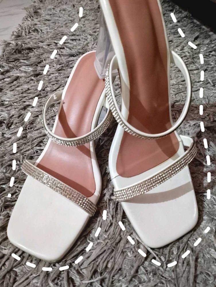 White Stone Heels with Transparent Sole