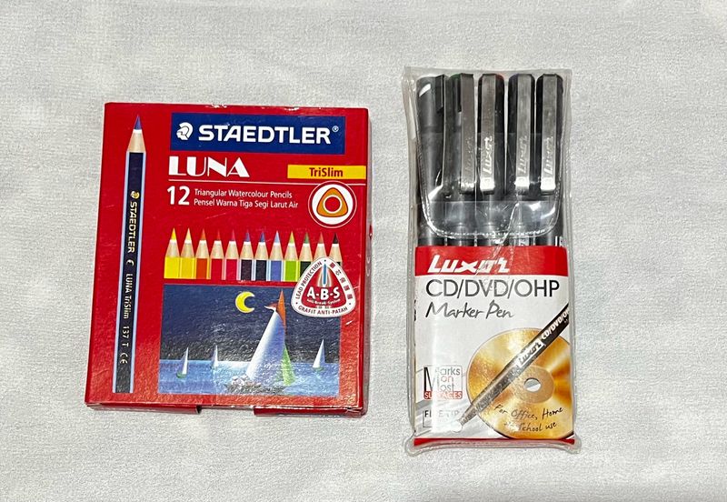 Combo !!! 12 Water Color Pencils + 5 Marker Pens