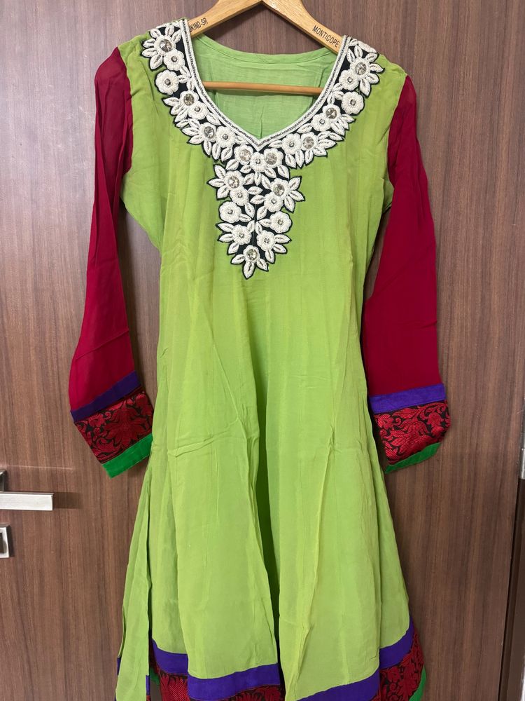 Green Hand Embroidered Georgette Anarkali With Du