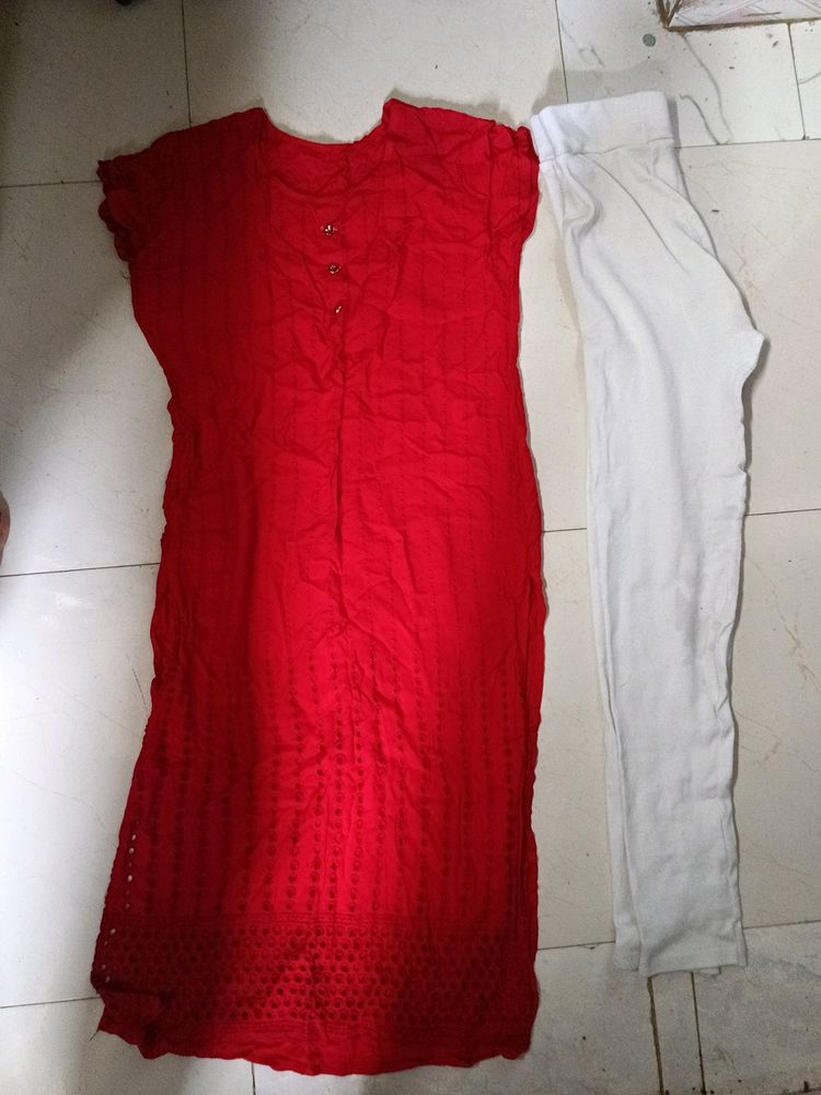 Red Kurti And White jegging