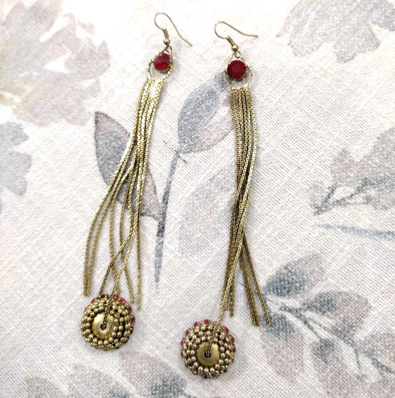 Golden Red Stone Long Earrings