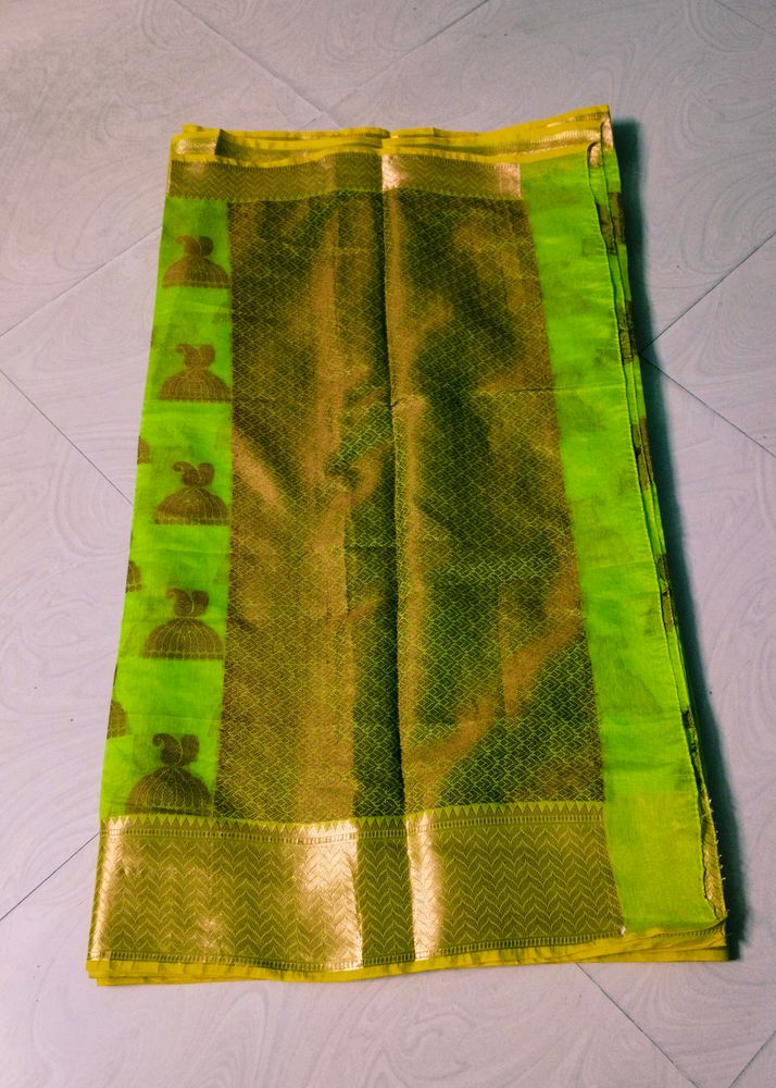 Green Colour Cotton Blend Pattu Border Saree