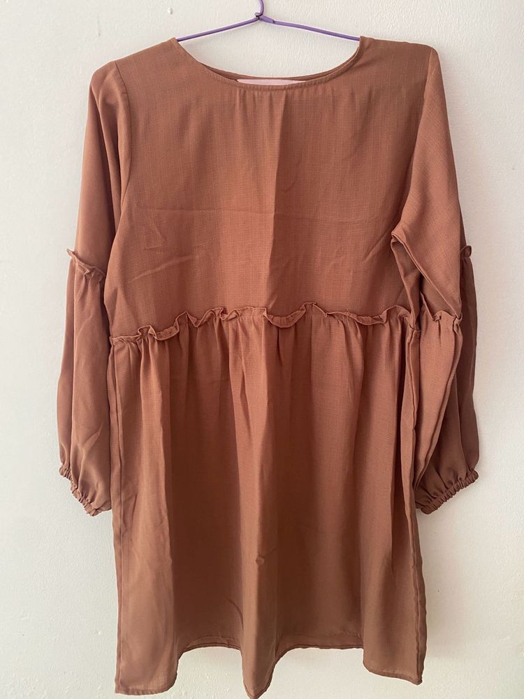 Women Nude A Line Dress With Puff Sleeve