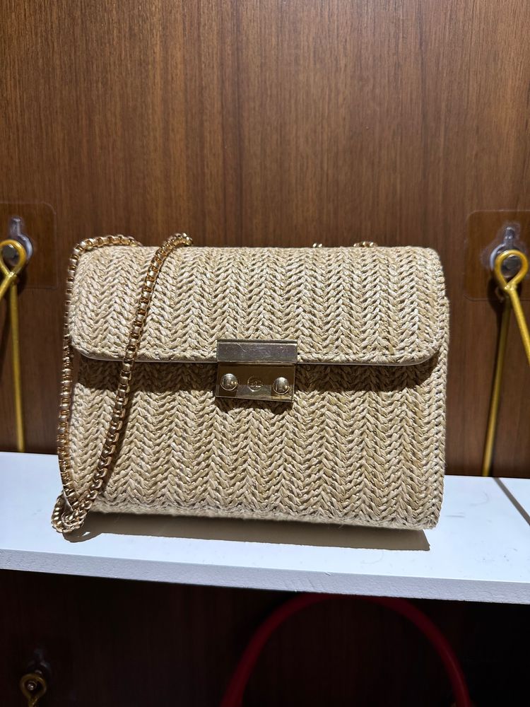 Beige Wicker Bag With Chain Handle