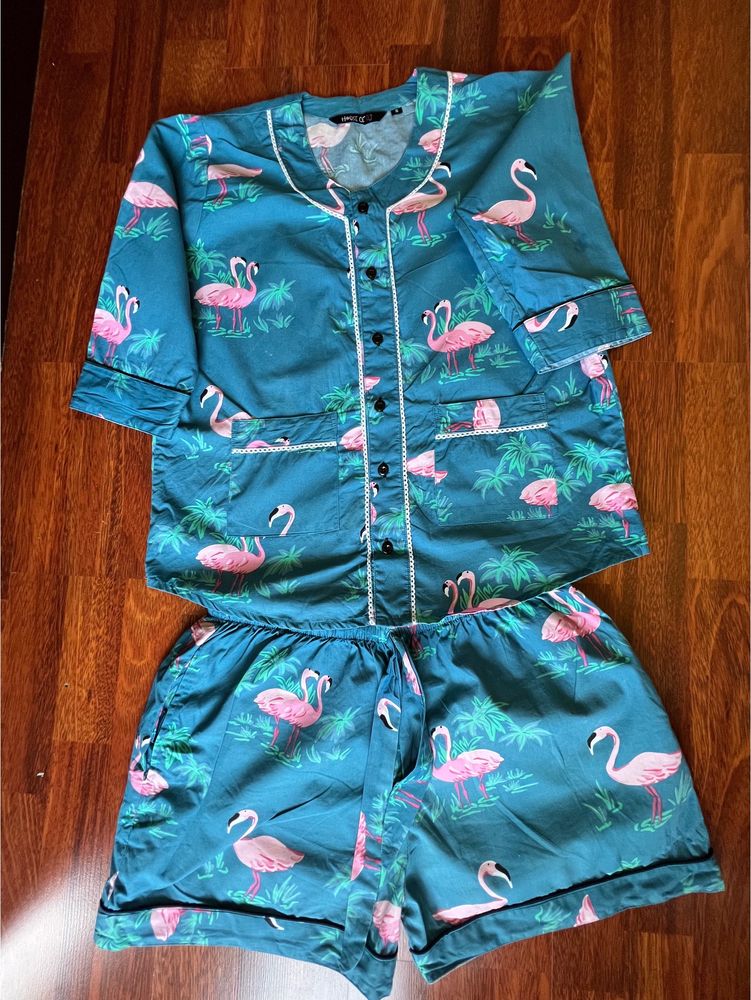 House Of Pj Round Neck Turquoise Flamingo 🦩 Short