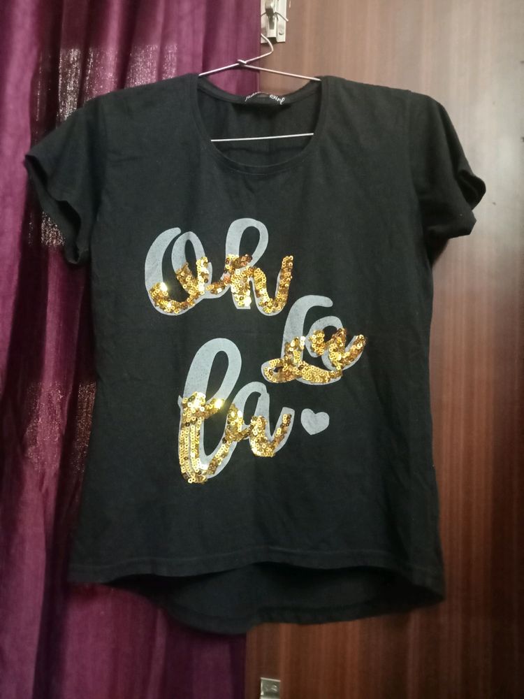 Black Casual Tshirt for Women with Golden Work