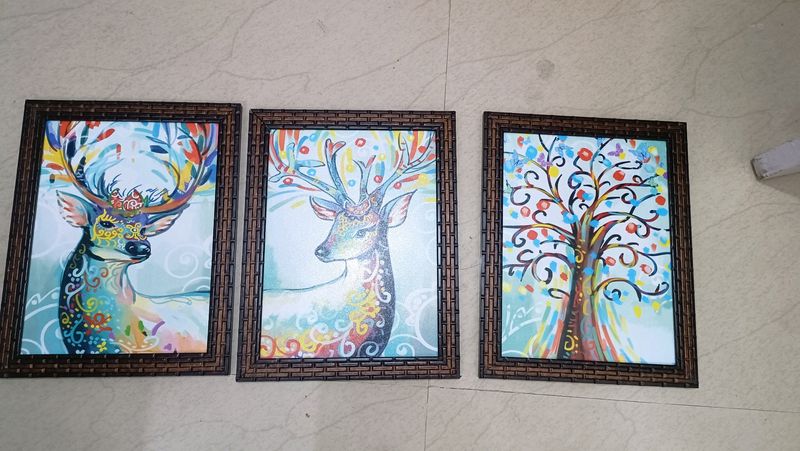 Set Of 3 Dear Framed   Wooden Art Painting  without Glass Digital Reprint