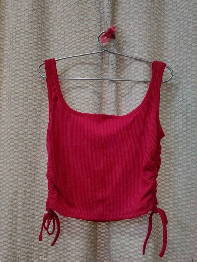 Ribbed Hot Pink Tank Top With Ruched Sides