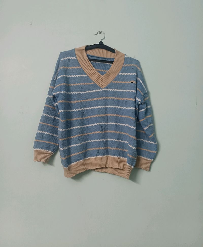 Korean Blue V- neck Sweater