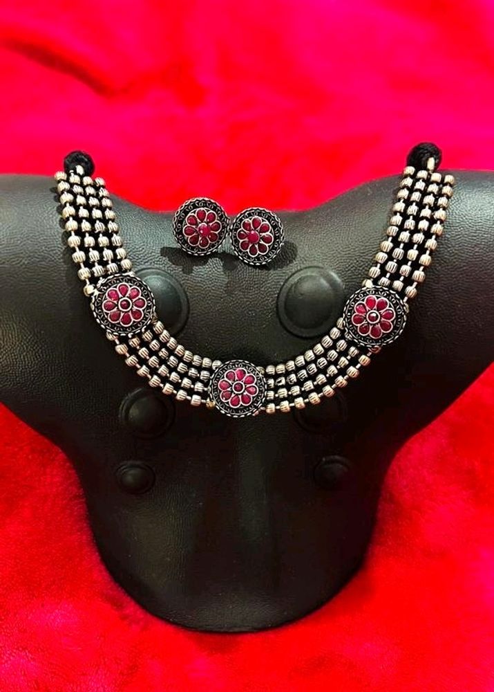 Oxidised Choker Cum Necklace Set With Earrings Not Used Once.