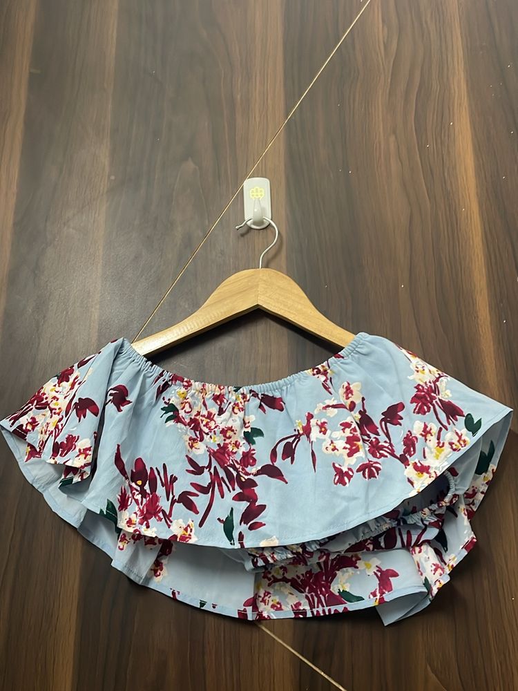 Floral Blue Crop Top With Side Slit Skirt Cord Set