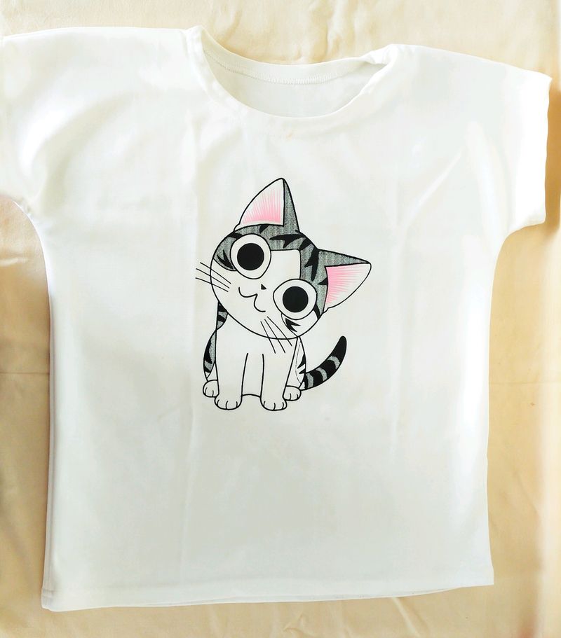 Stylish Cat Printed Short Sleeve Round Neck Top